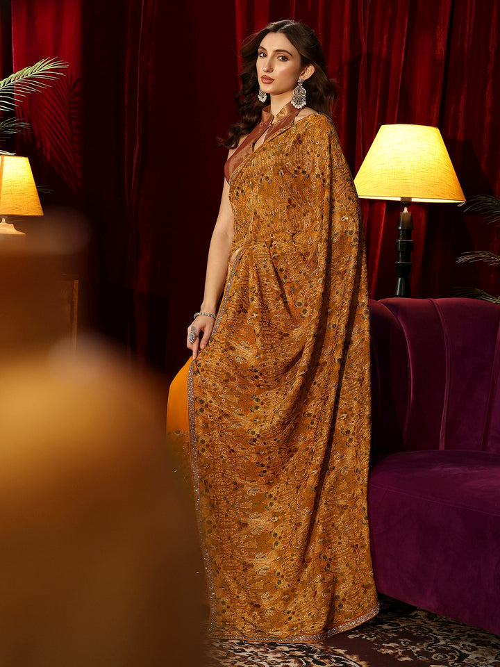 Libas Art Mustard Printed Georgette Saree with Embellished Border