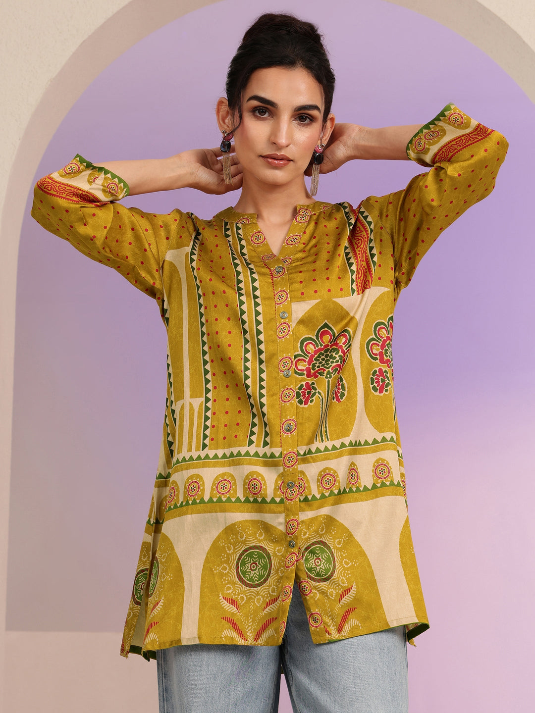 Libas Mustard Printed Straight Muslin  Short kurti