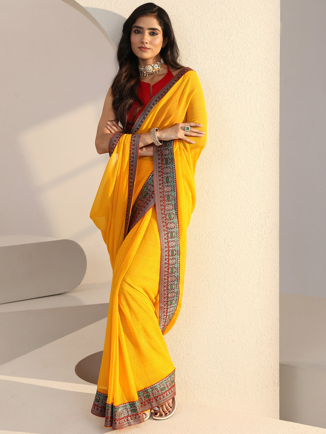 Mustard Chiffon Pre Draped Saree