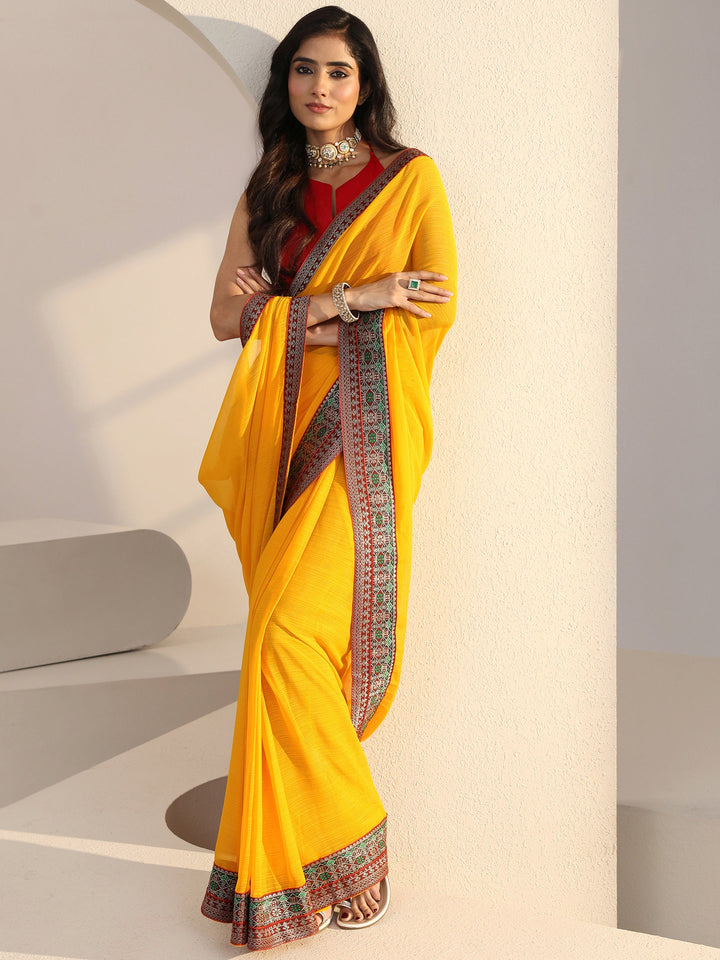 Libas Mustard Solid Chiffon Pre Draped Saree