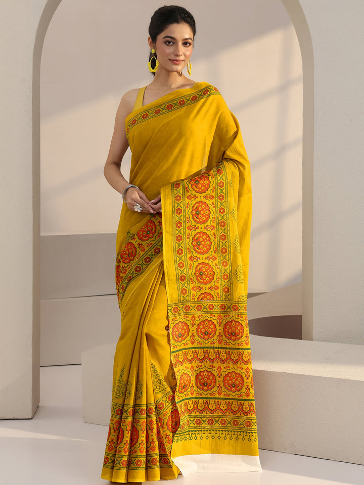 Libas Mustard Block Print Cotton Saree
