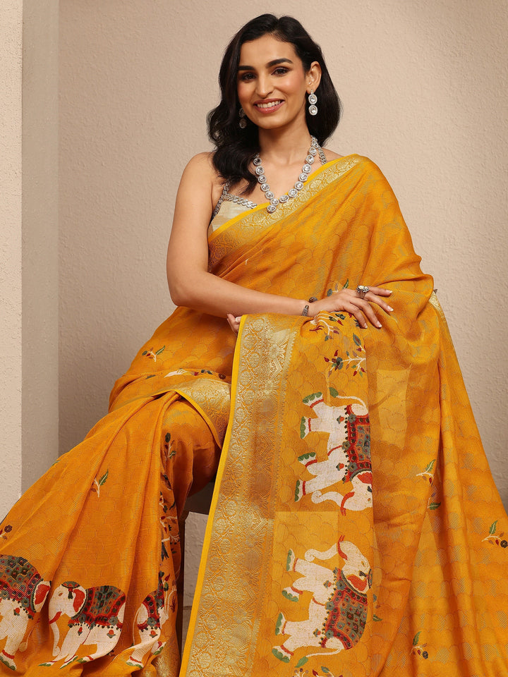 Mustard Woven Design Silk Blend Saree With Unstitched Blouse Piece