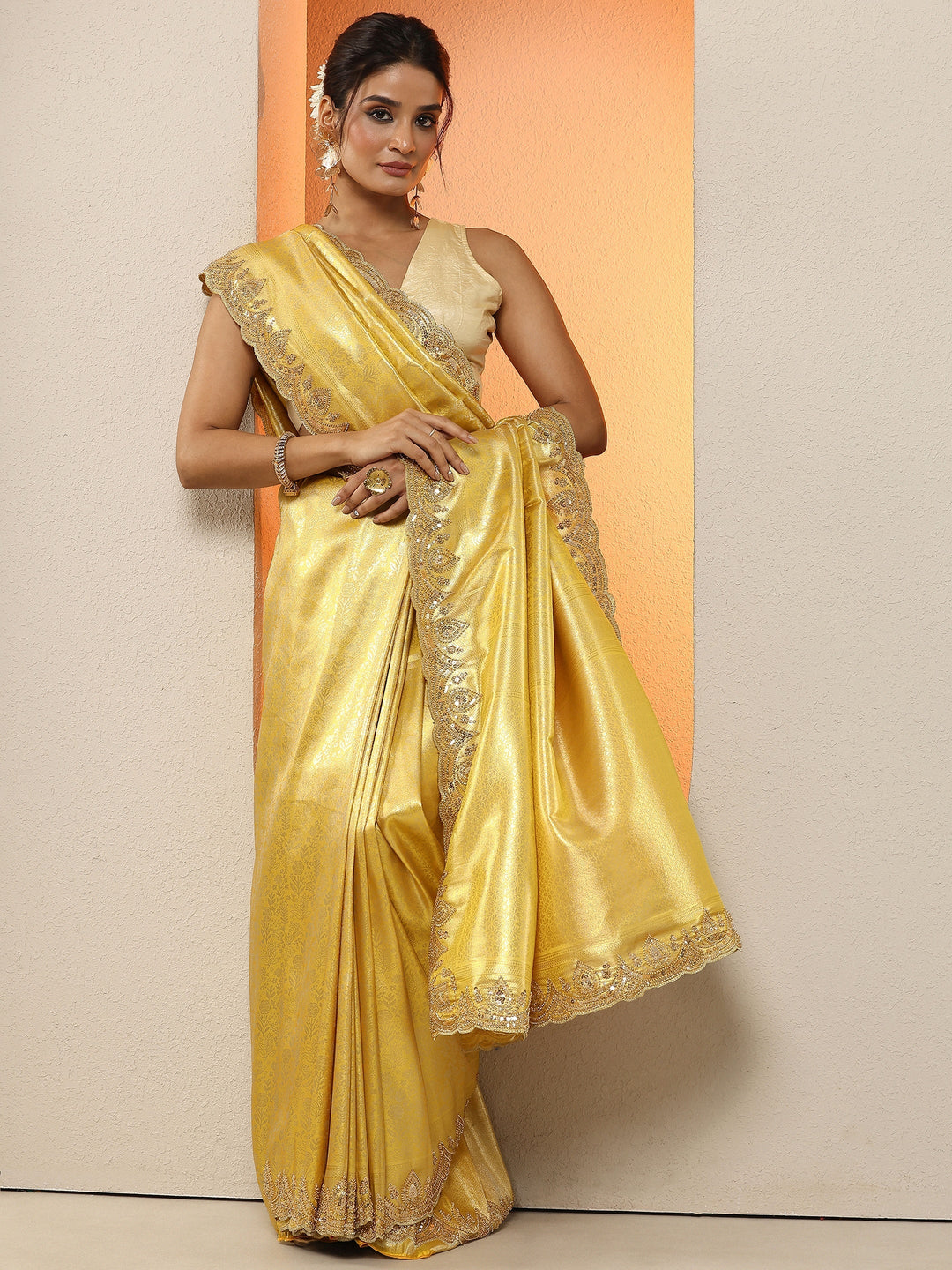 Mustard Woven Design Silk Blend Sarees With Unstitched Blouse Piece