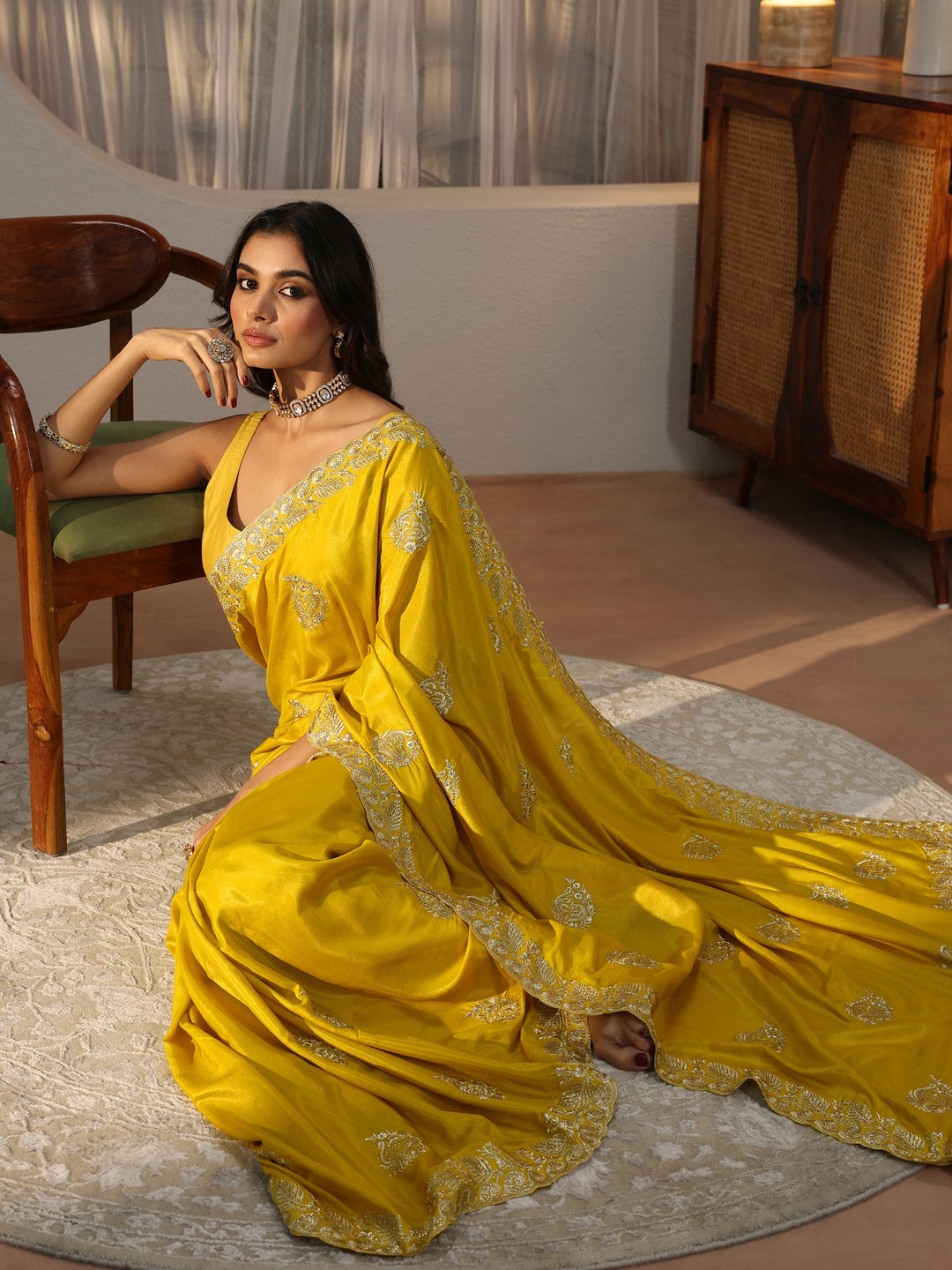 Mustard Floral Embroidered Satin Saree