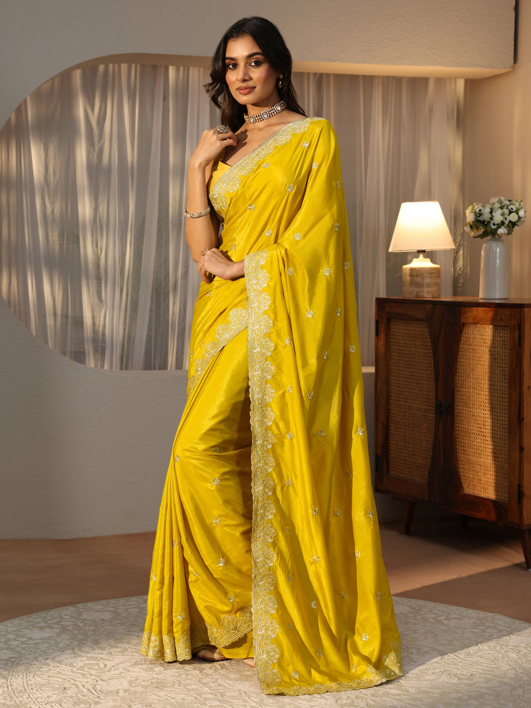 Mustard Floral Embroidered Satin Saree