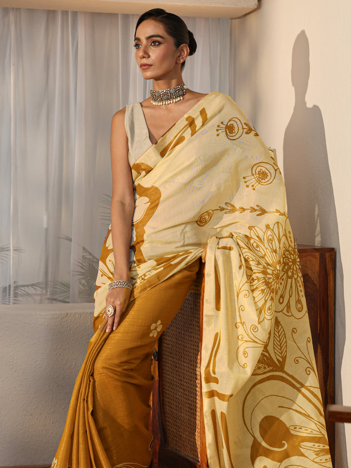Mustard Floral Printed Cotton Blend Saree