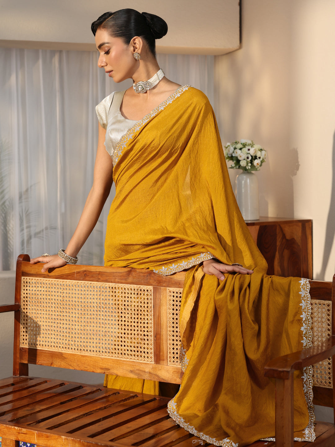 Mustard Silk Blend Saree with Embellished Border