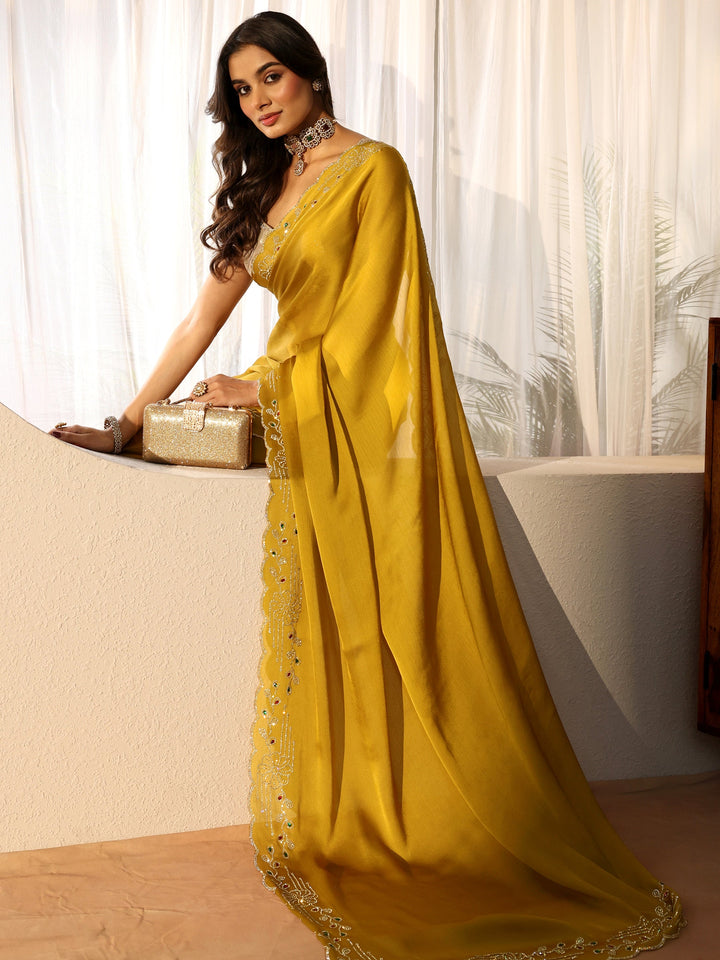 Mustard Silk Blend Saree with Embellished Border