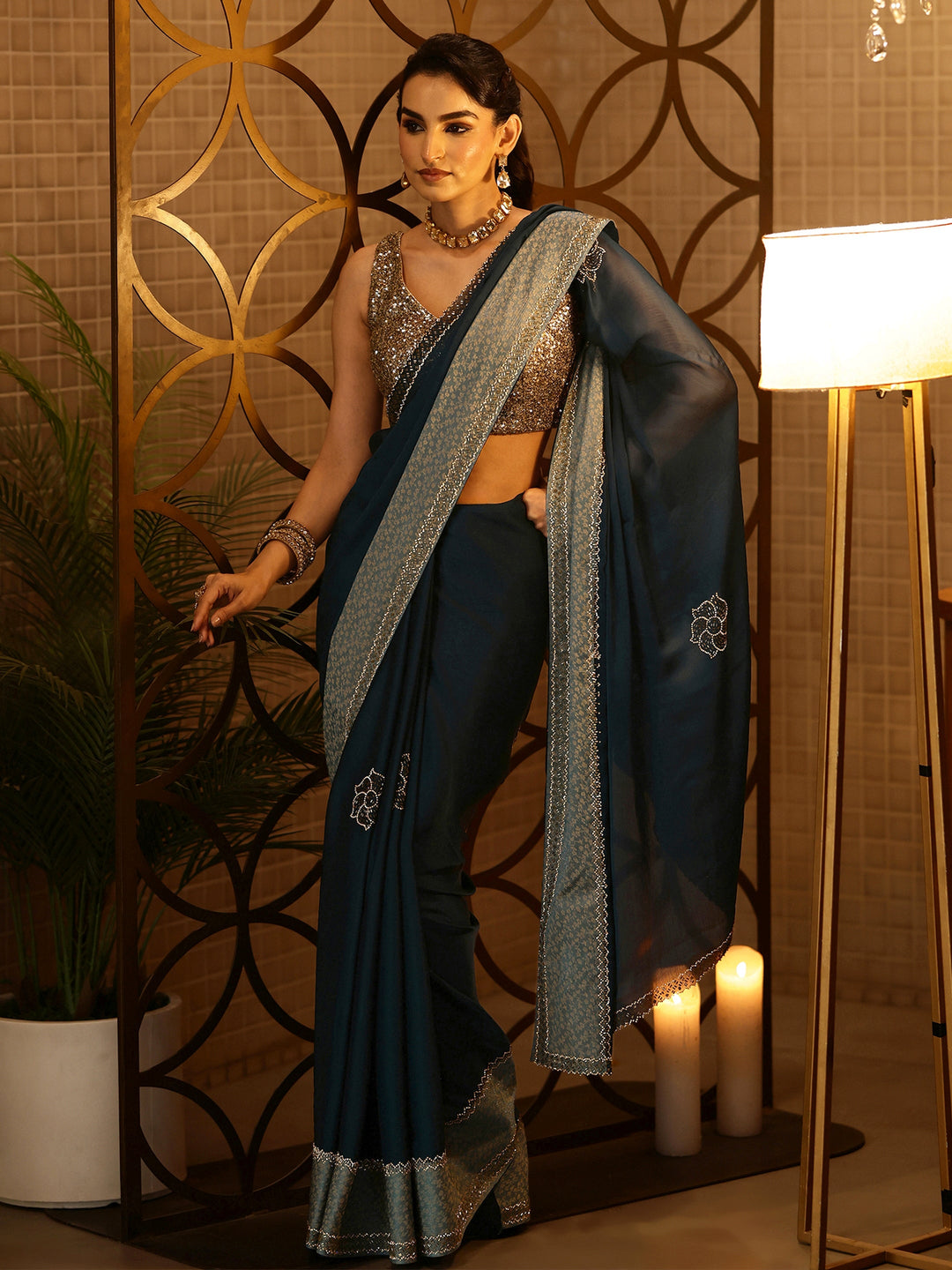 Navy Blue Embellished Chiffon Saree