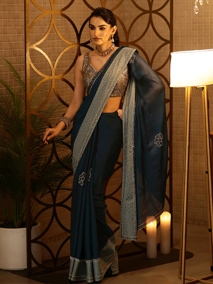 Libas Navy Blue Embellished Chiffon Saree