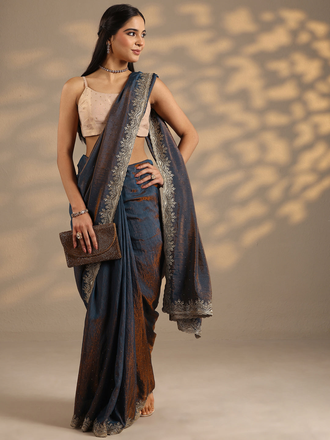 Navy Blue Embellished Silk Blend Saree With Unstitched Blouse Piece
