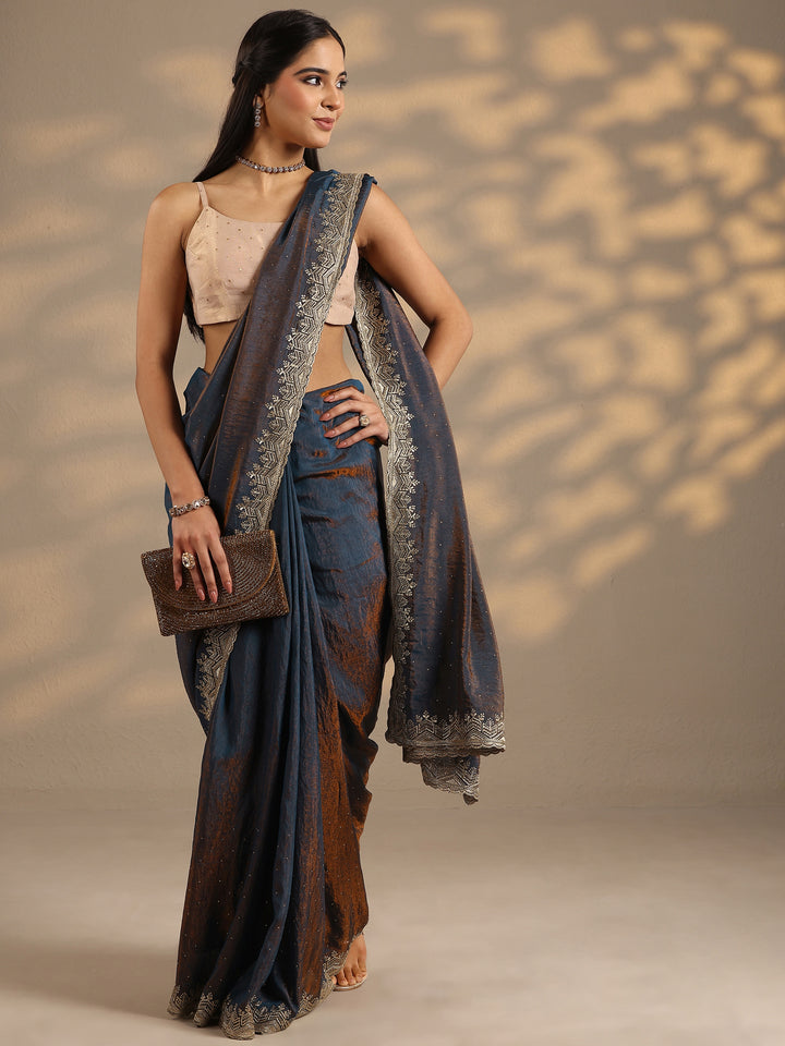 Navy Blue Embellished Silk Blend Saree With Unstitched Blouse Piece