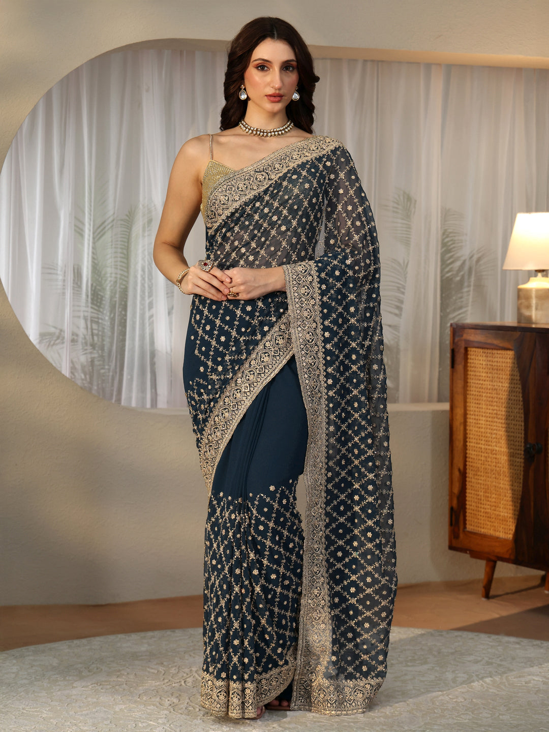 Libas Navy Blue Floral Embroidered Georgette Saree
