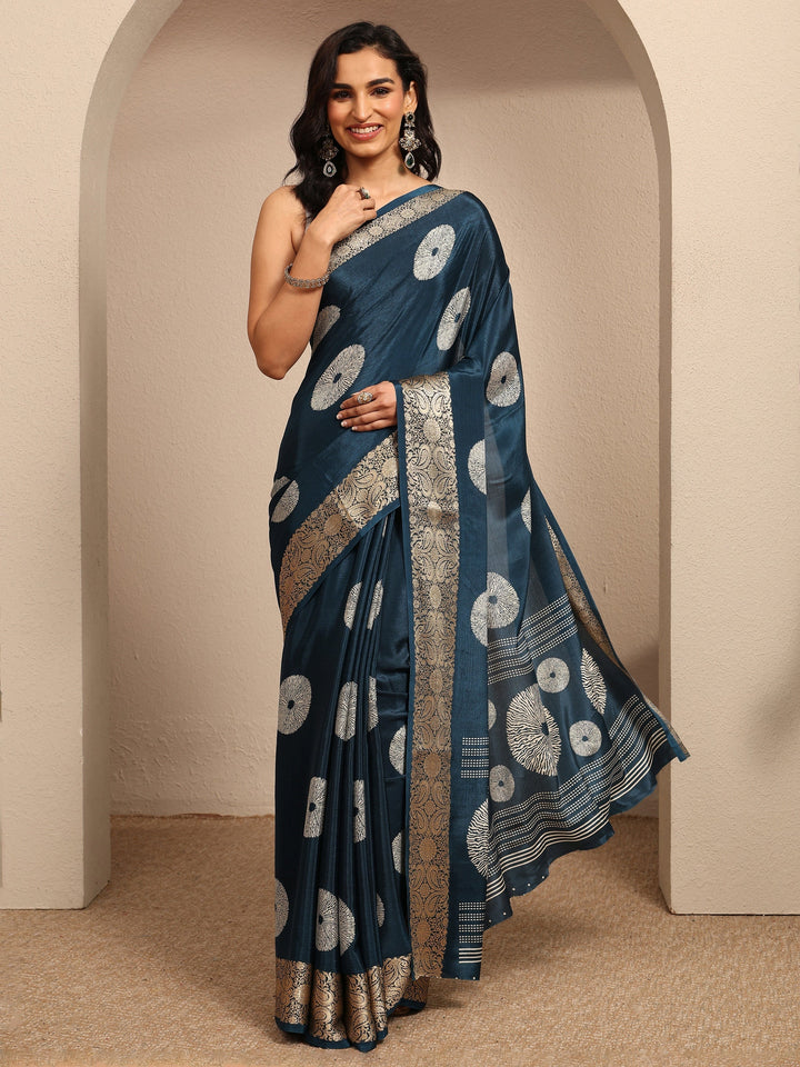 Navy Blue Geometric Printed Silk Blend Saree With Unstitched Blouse Piece