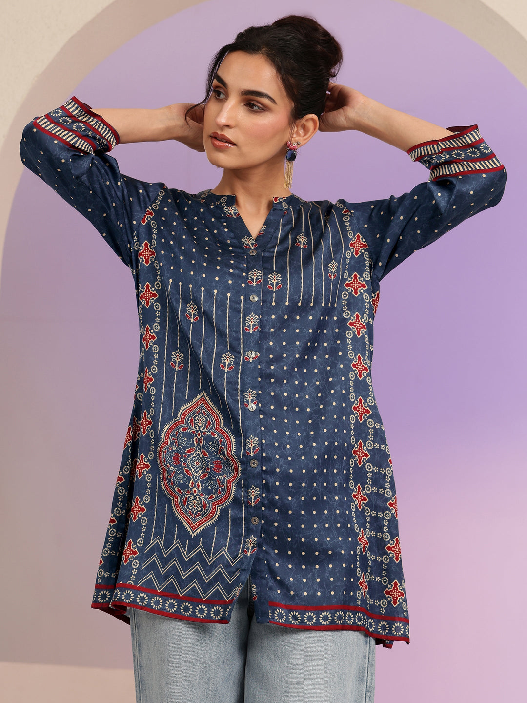 Libas Navy Printed Straight Muslin  Short kurti