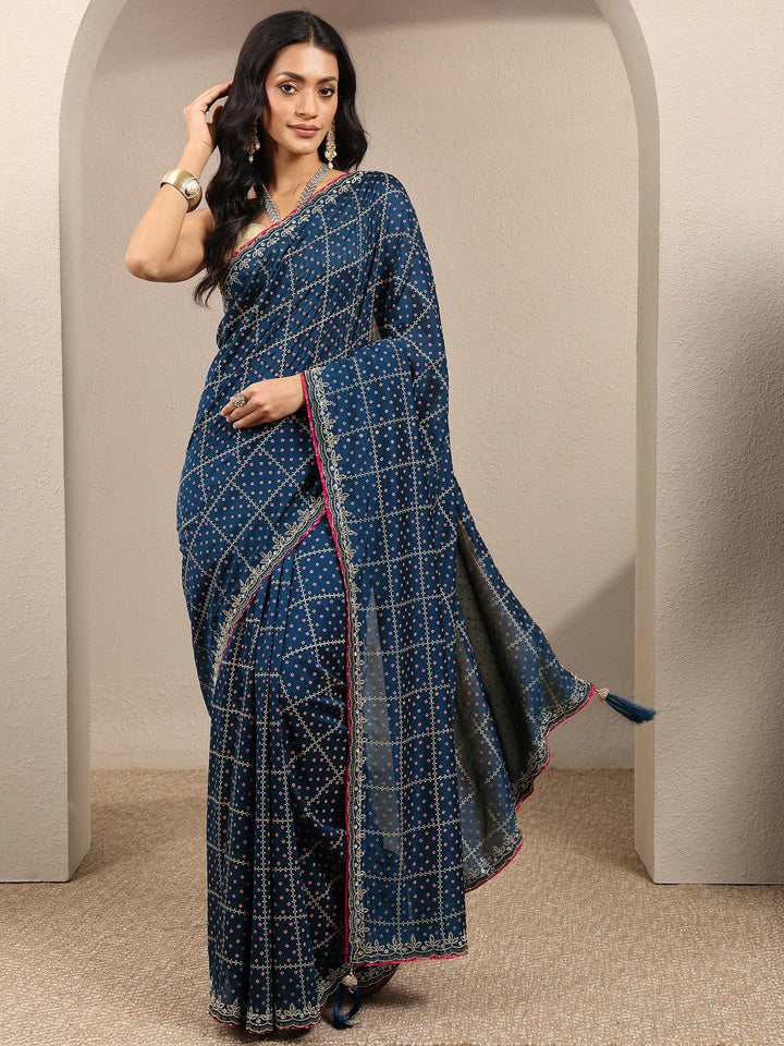 Navy Blue Bandhani Printed Silk Blend Saree With Unstitched Blouse Piece
