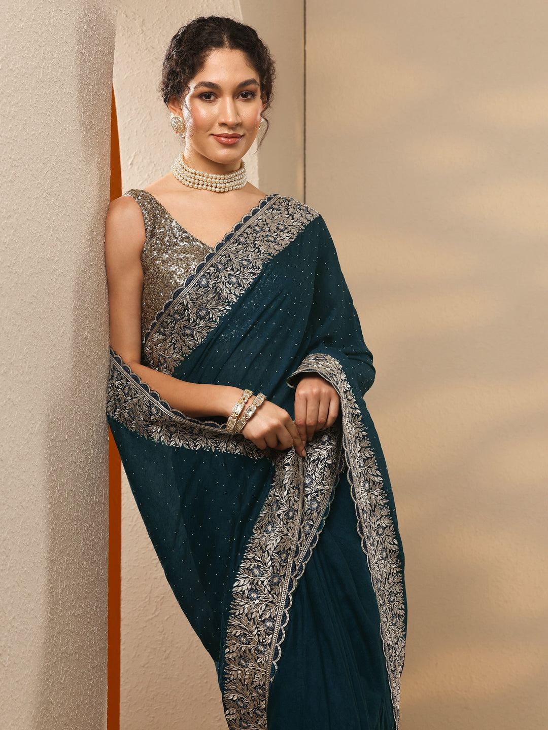 Navy Blue Embellished Chinon Saree With Unstitched Blouse Piece