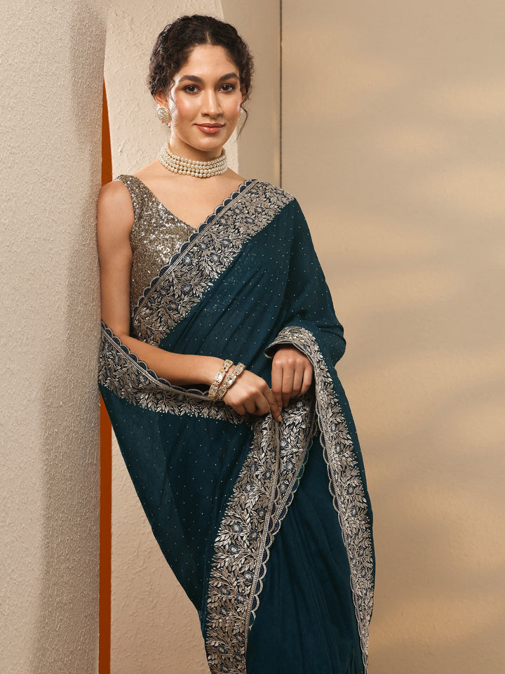 Navy Blue Embellished Chinon Saree With Unstitched Blouse Piece