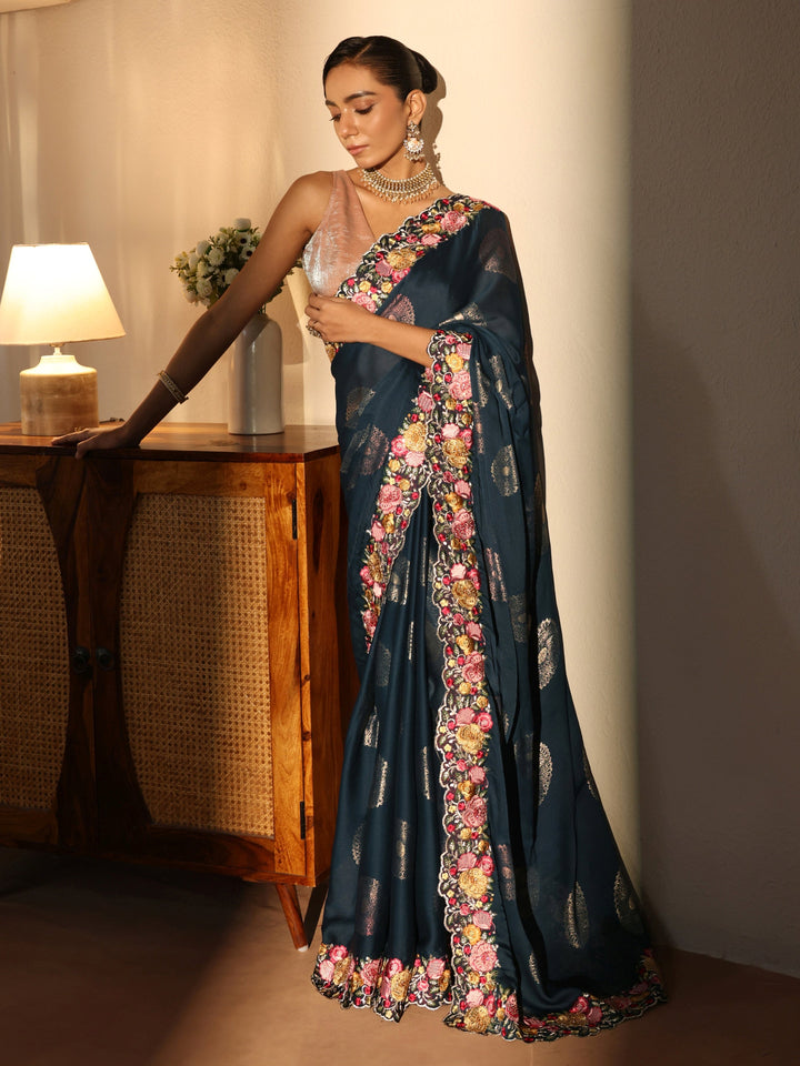 Navy Blue Printed Chiffon Saree with Floral Border