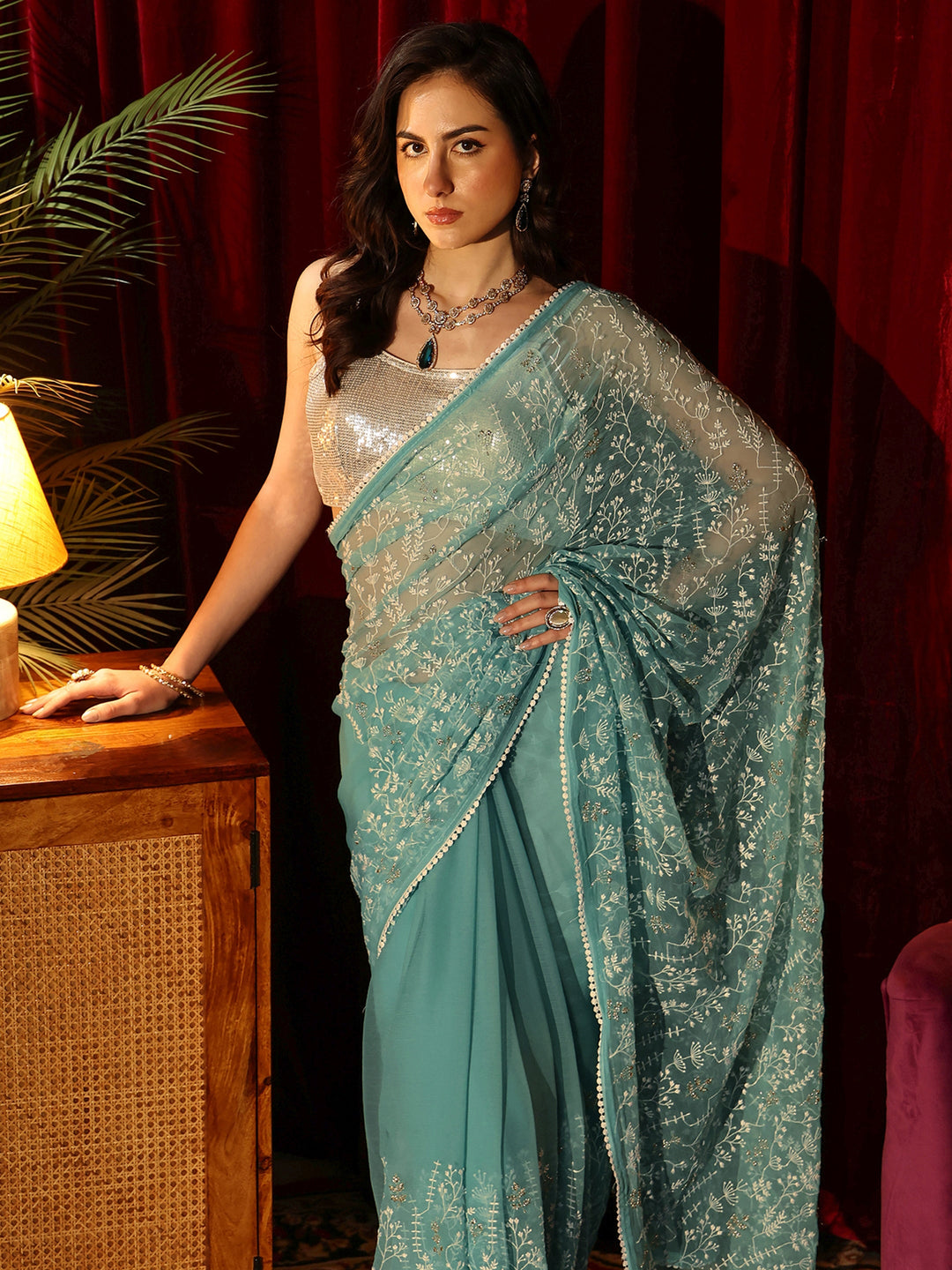 Libas Ocean Blue Floral Embroidered Chiffon Saree