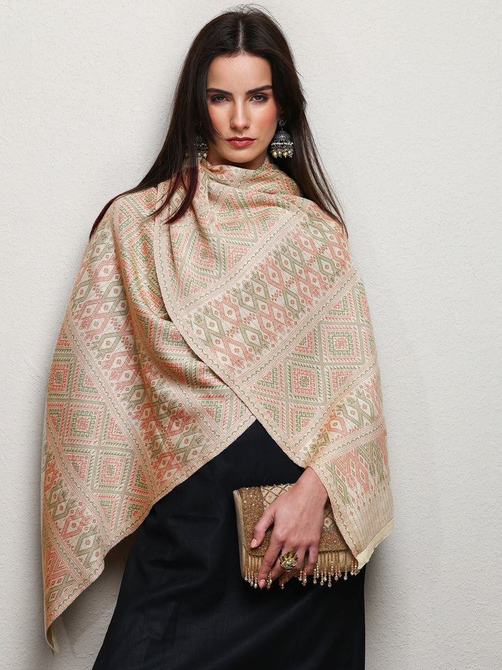 Off White Woven Design Wool Women'S Shawl