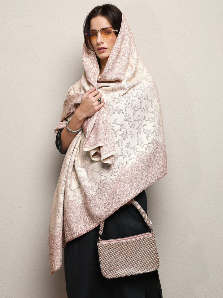 Off White Woven Design Wool Wrap Shawl 