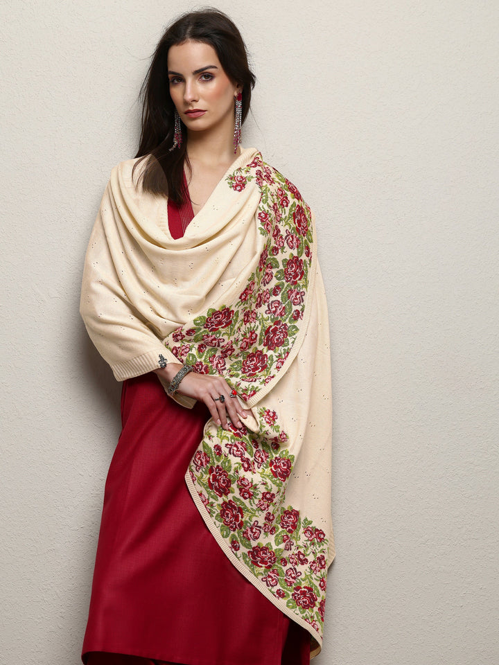 Off White Woven Design Wool Wrap Shawl 