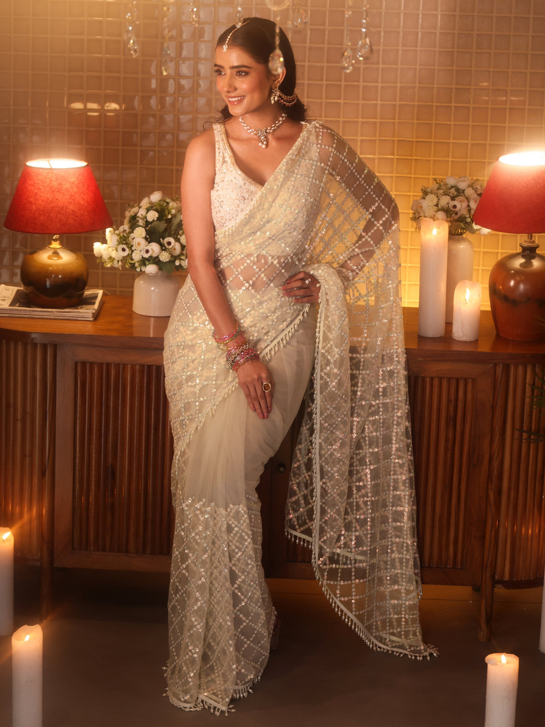 Libas Art Off White Geometric Embellished Net Saree