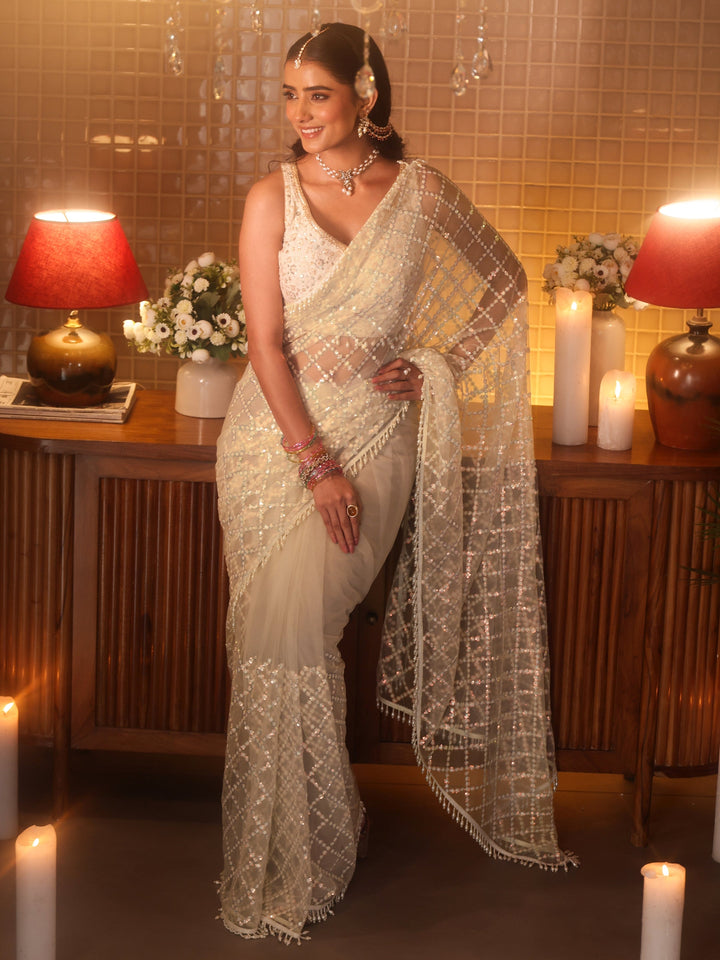 Libas Art Off White Geometric Embellished Net Saree