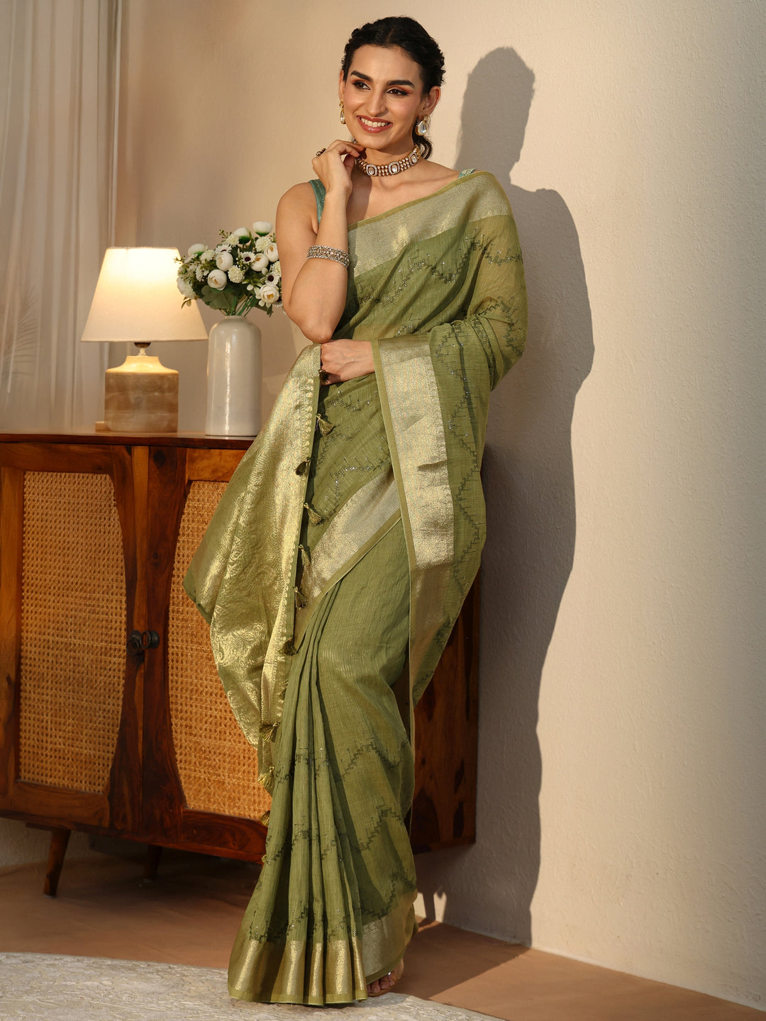 Libas Olive Green Chevron Embroidered Cotton Blend Saree