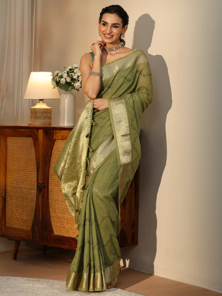 Libas Olive Green Chevron Embroidered Cotton Blend Saree