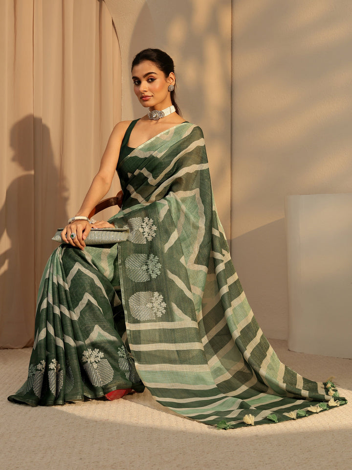 Libas Olive Green Chevron Printed Cotton Blend Saree
