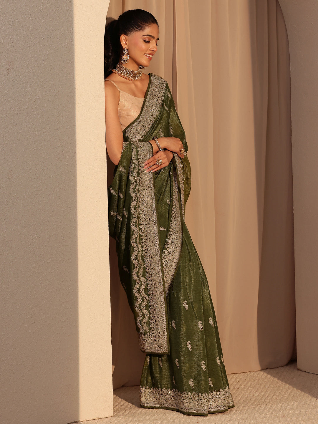 Libas Olive Green Ethnic Embroidered Chiffon Saree