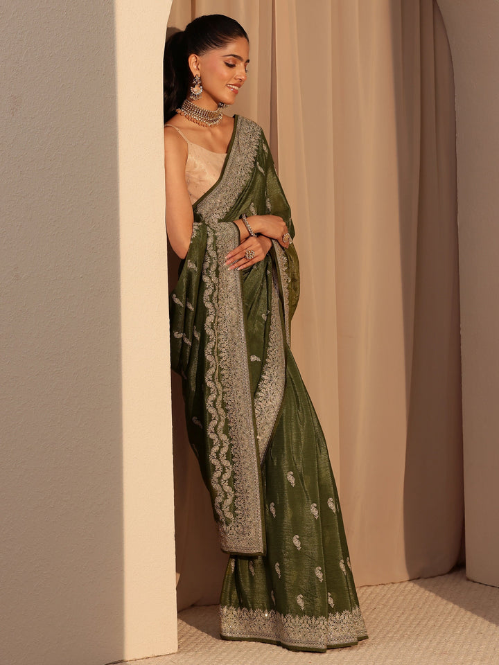 Libas Olive Green Ethnic Embroidered Chiffon Saree