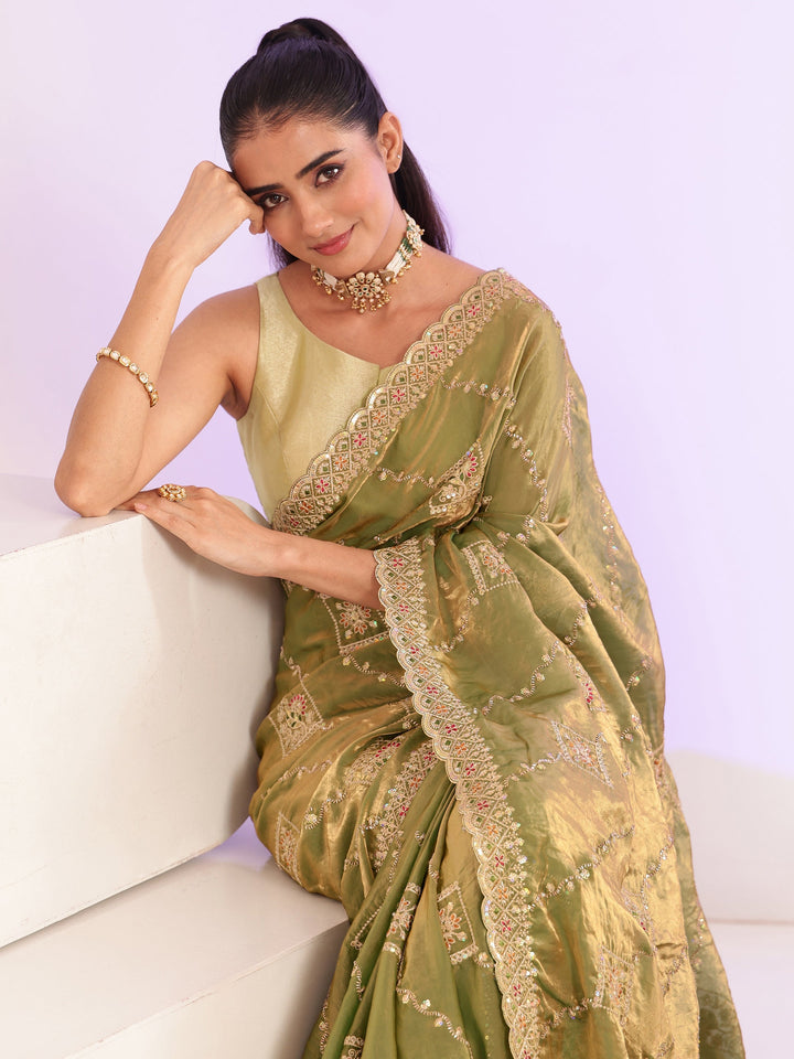 Libas Olive Green Ethnic Embroidered Tissue Saree