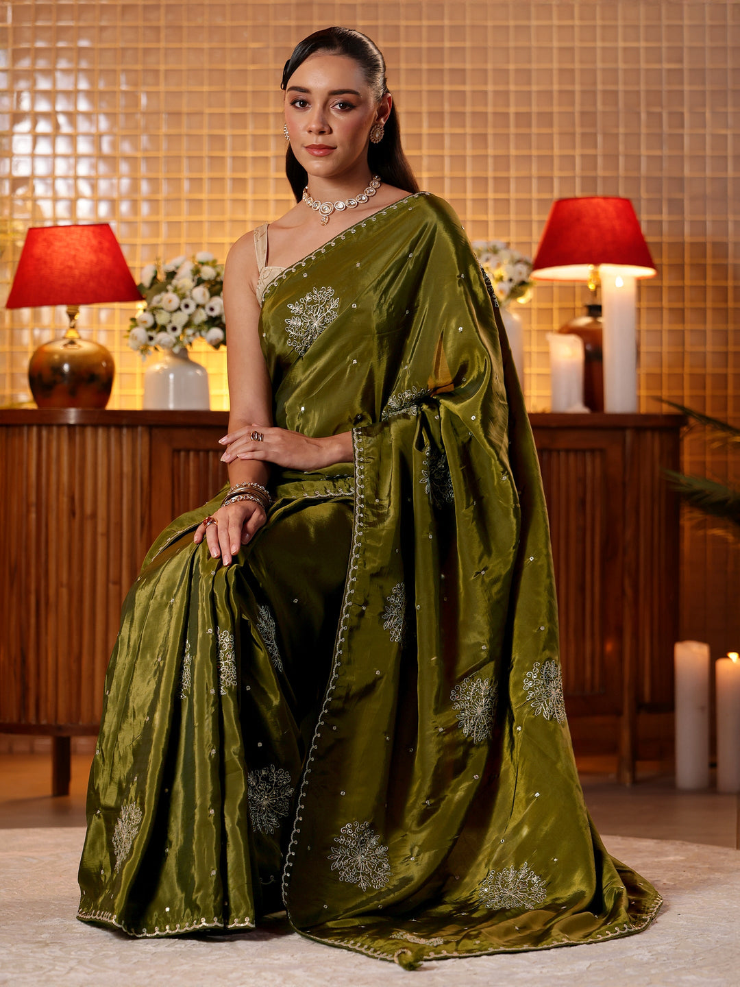 Olive Green Floral Embroidered Silk Blend Saree