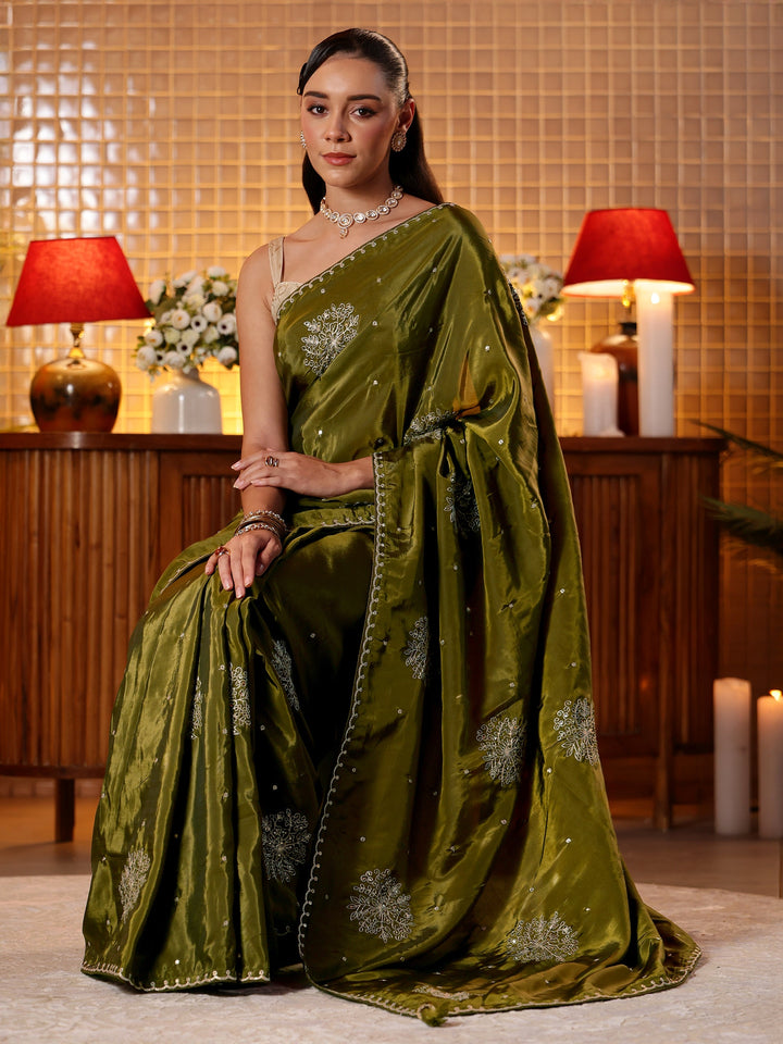 Olive Green Floral Embroidered Silk Blend Saree
