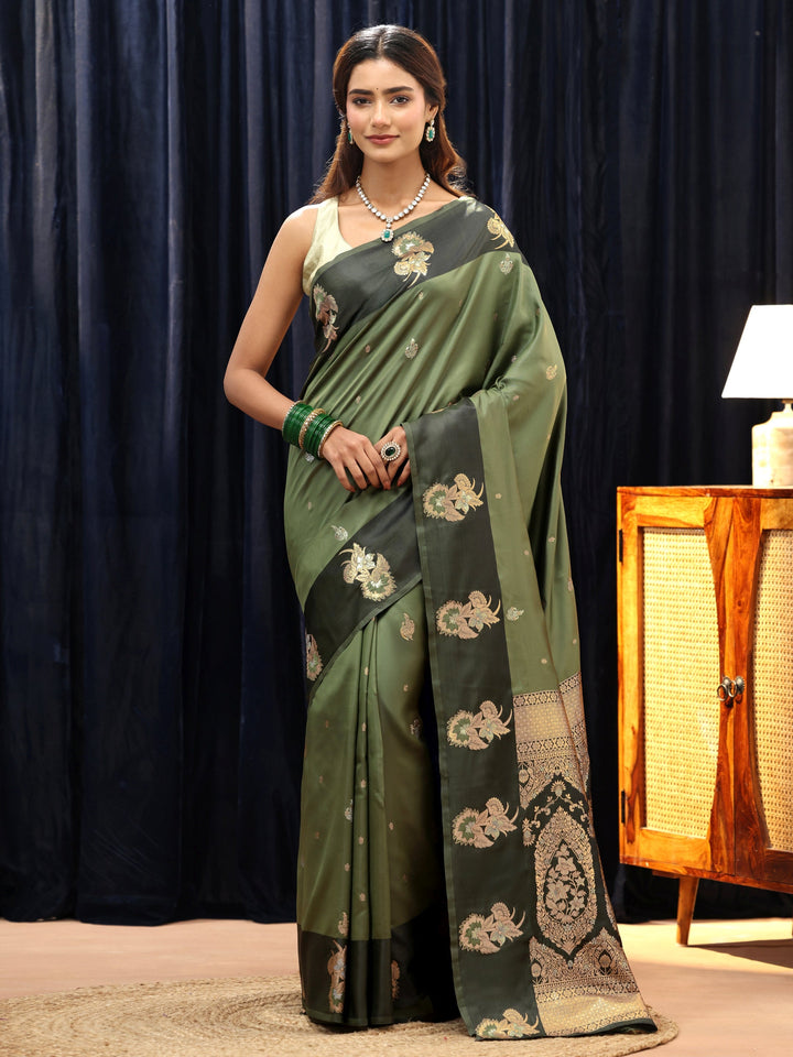 Libas Olive Green Floral Woven Design Silk Blend Saree