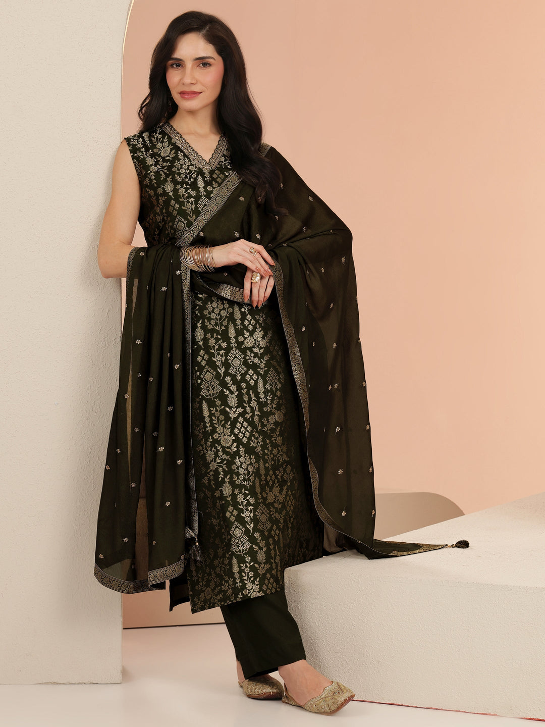 Libas Dhwani Olive Green Floral Woven Design Silk Blend Straight Suit Set