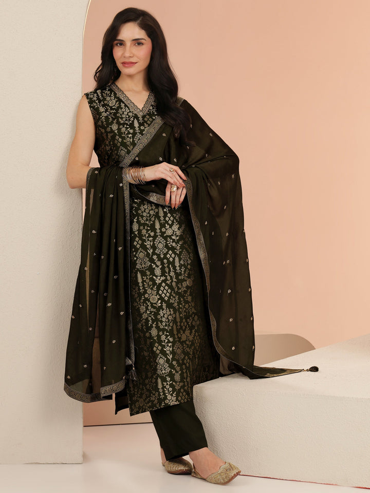 Libas Dhwani Olive Green Floral Woven Design Silk Blend Straight Suit Set