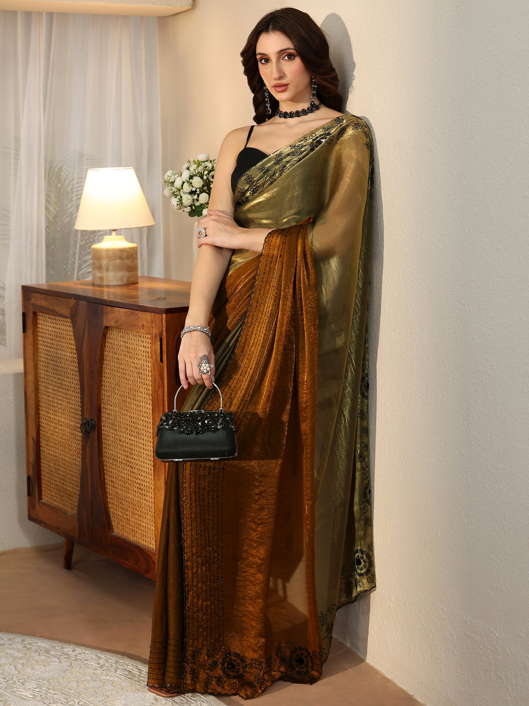Libas Olive Green and Olive Brown Colour Block Tissue Saree