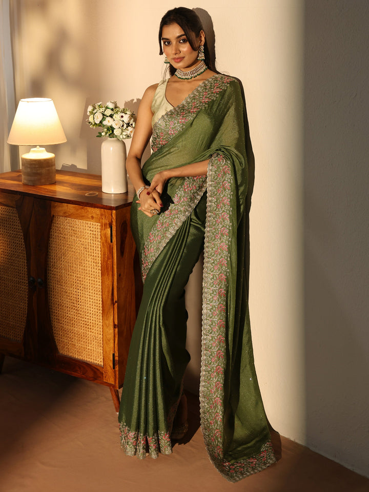 Olive Green Embellished Chiffon Saree