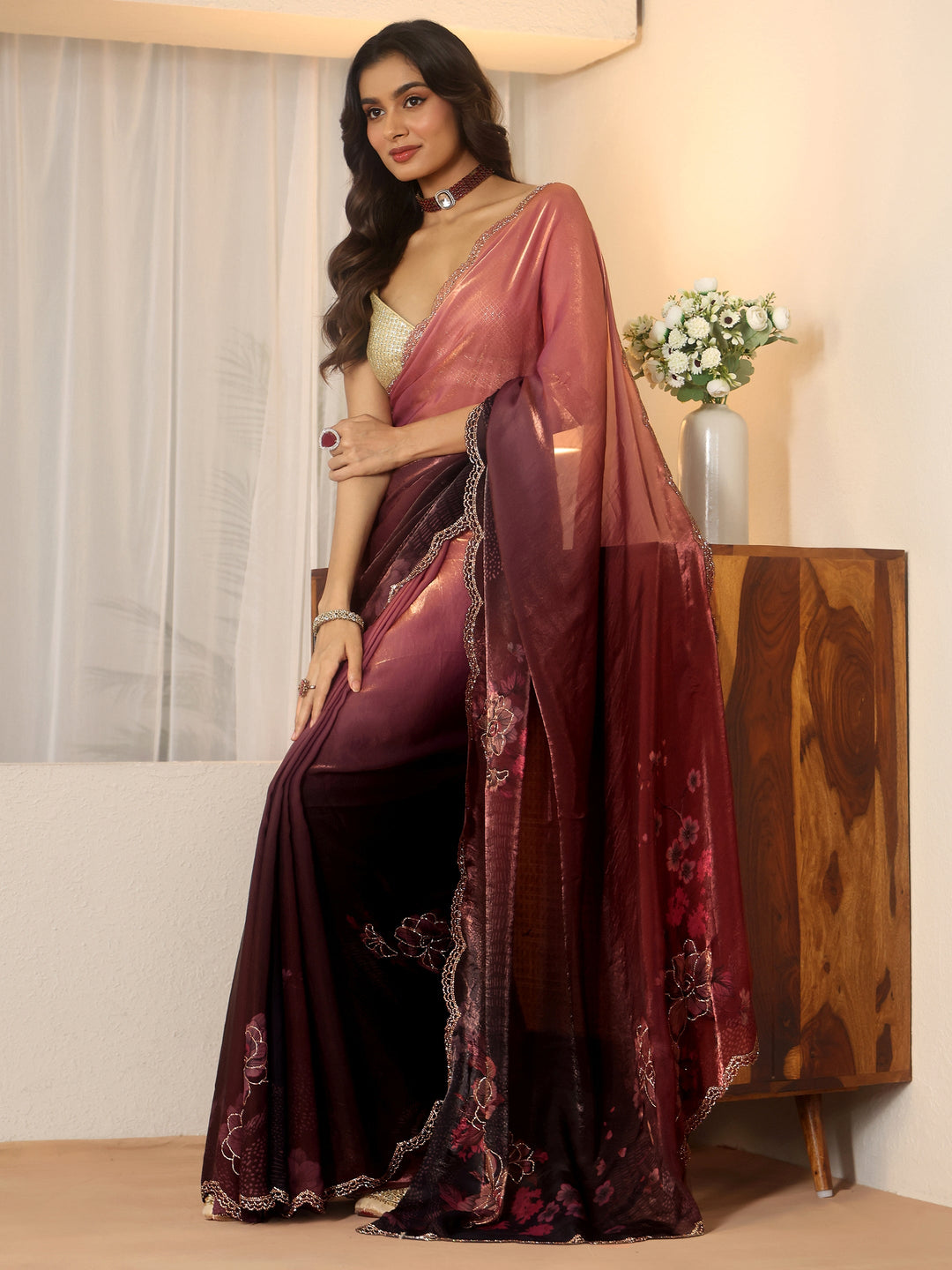 Libas Ombre Purple and Wine Floral Silk Blend Saree