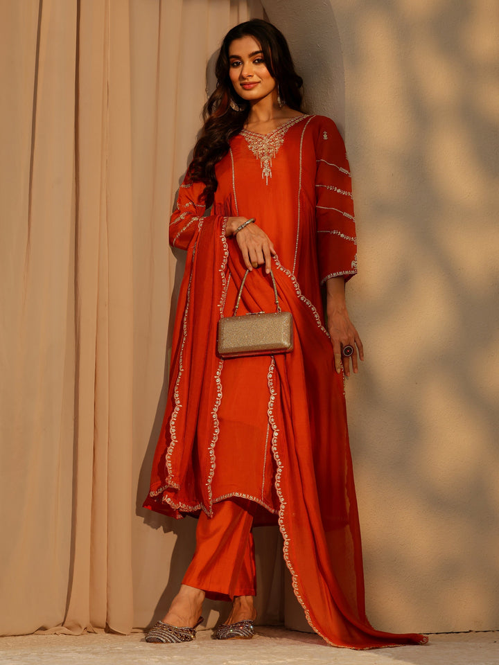 Libas Orange Embellished Chanderi Cotton A-Line Suit Set