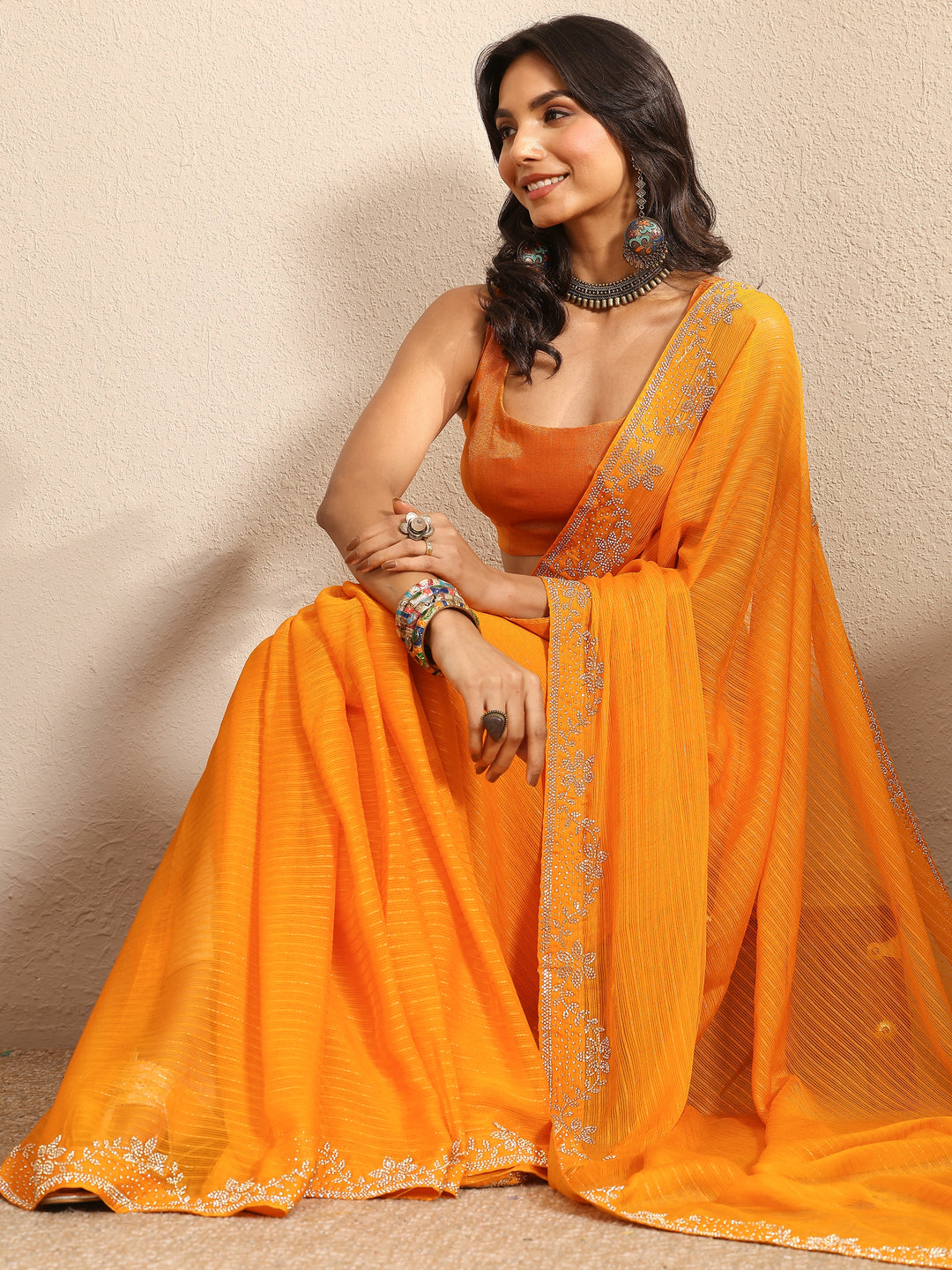 Orange Embellished Georgette Saree With Unstitched Blouse Piece