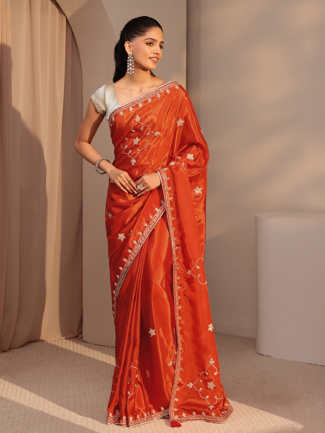 Orange Embellished Satin Saree