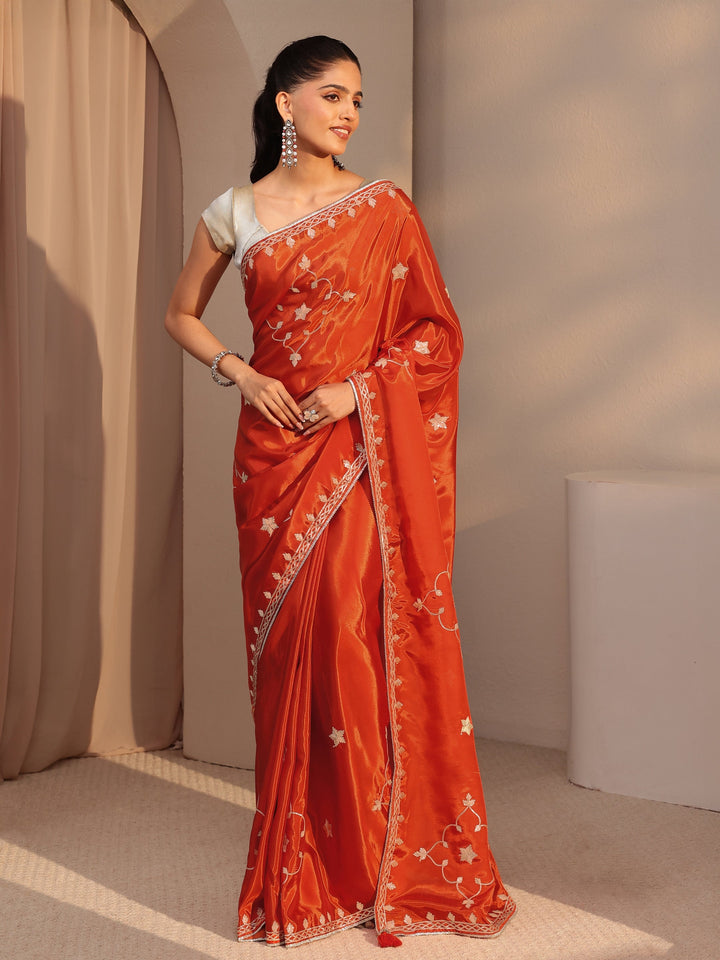 Libas Orange Embellished Satin Saree