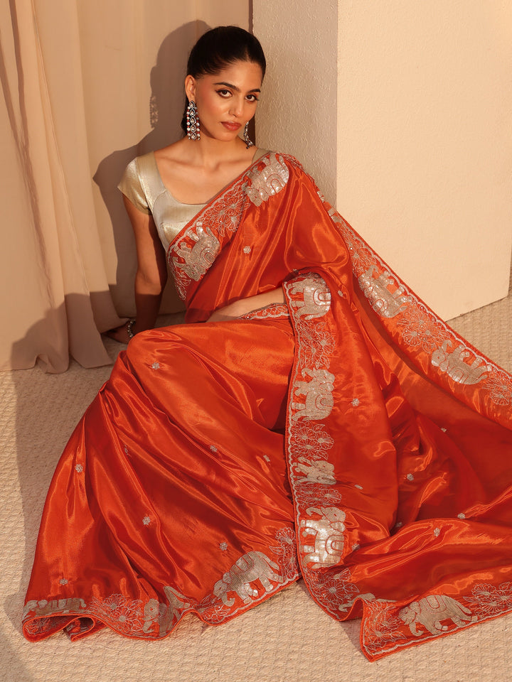 Libas Orange Embellished Satin Saree with Gaja Motif Border
