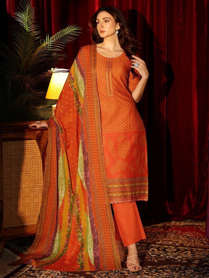 Libas Orange Floral Printed Cotton Blend Straight Suit Set