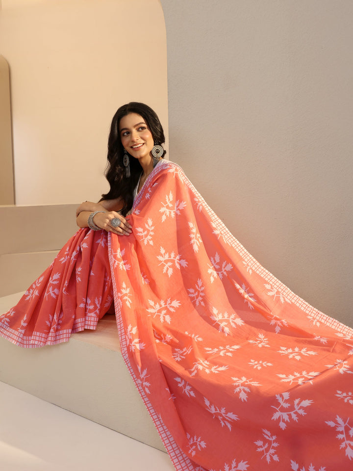 Libas Salmon Orange Fern Print Cotton Saree